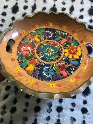 Vintage Hand Painted 13 Inch Oval Wooden Bowl Floral Decor 4