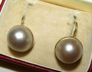 Elegant,  Large,  Vintage,  9 Ct Gold Mabe Pearl Earrings