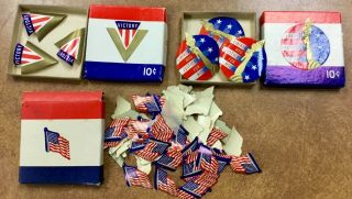 Vintage Dennison Gummed Paper,  Seals In 3 Boxes Patriotic Ww2 Era Labels Flags