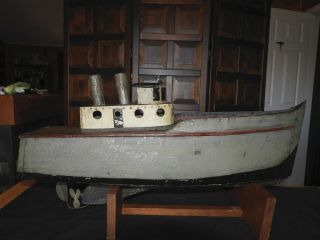 Antique Handmade Steamship Folk Art Ship Tin/pine Boat Model Early 1900s