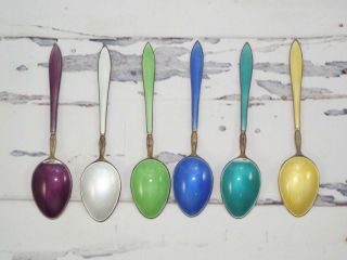 Vtg David Anderson Sterling Enameled Multi - Color Demitasse Spoon Set Of 6