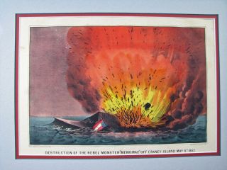 Currier and Ives Lithograph Print Antique Destruction of Rebel Monster Merrimac 2