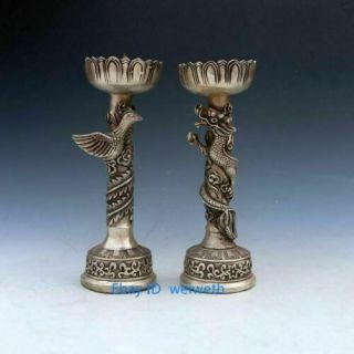 A Pair China Exquisite Tibet Silver Dragon And Phoenix Candle Stick Statue