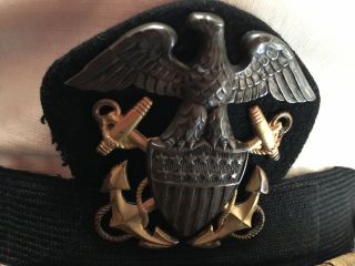 WW2 US NAVY OFFICERS White VISOR HAT COMBINATION CAP SIZE 6,  Sterling Cap Badge 3
