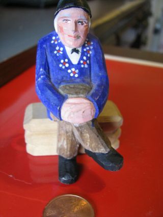 Walter Stahl Vtg Miniture Hand Carved Wood Carving Old Man Blue Coat Switzerland