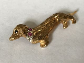 Vintage 9 ct gold diamond ruby sapphire Dachshund dog brooch pin. 2