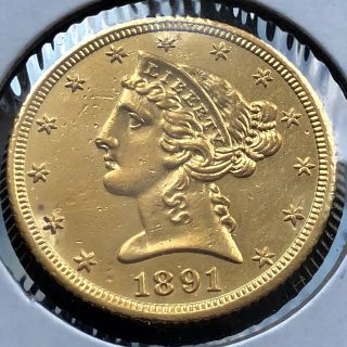 1891 Cc Half Eagle $5 Gold Liberty Head Rare Carson City Unc 9877