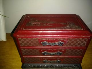 Vintage Jewelry Box Chest Asian Oriental Dragon Pagoda Celluloid Japanese