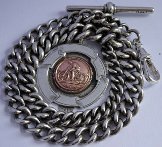 Fabulous Antique Solid Silver Pocket Watch Albert Chain & Silver & Gold Fob