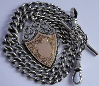 Lovely Antique Solid Silver Double Pocket Watch Albert Chain & Silver & Gold Fob