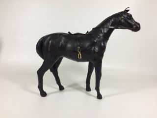 Leather Wooden Horse Sculpture Statue Antique Dark Brown W/ Saddle Folk Art