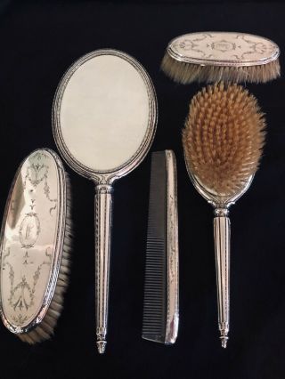 Antique James E Blake Sterling Silver Vanity Brush And Mirror Set Embossed