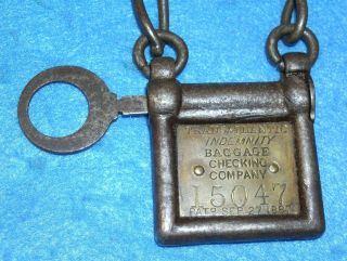 Antique 1887 Transatlantic Indemnity Baggage Checking Co Chain Lock W/ Key