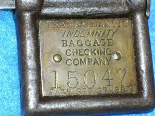 Antique 1887 TRANSATLANTIC INDEMNITY BAGGAGE CHECKING CO CHAIN LOCK w/ KEY 3