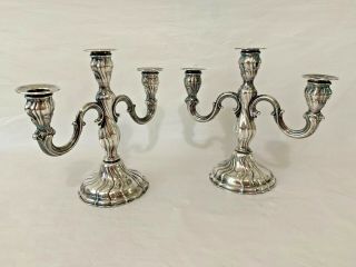 Continental Antique 835 Sterling Silver 3 Candles Candlestick / Candelabra Pair