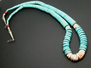 Vintage Old Pawn Navajo Blue Turquoise Heishi Bead Shell Sterling Necklace 24 "
