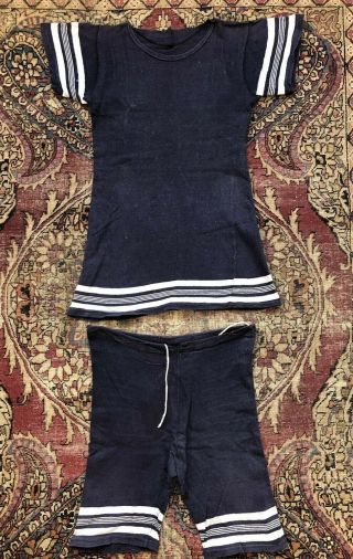Antique 1900 1910s 2pce Cotton Swimsuit Navy Blue Striped Bathing Costume Vtg