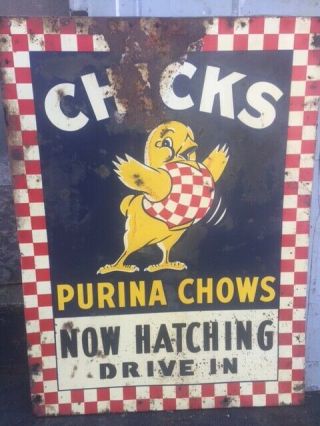 Large Vintage Purina Chows Metal Sign Antique Chick Farm Feed Old Now Hatching
