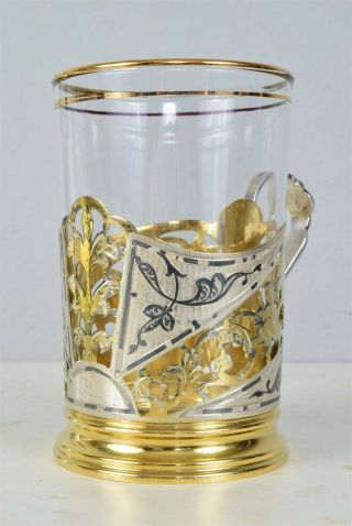 Russian Podstakannik Solid Silver Tea Glass/cup Holder W/ Glass Niello & Gilt