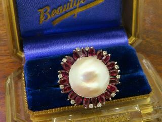 Vintage palladium ANTIQUE ART DECO 1930 ' s LARGE MABE PEARL RUBY DIAMOND ring 2