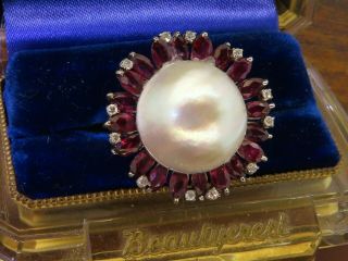 Vintage palladium ANTIQUE ART DECO 1930 ' s LARGE MABE PEARL RUBY DIAMOND ring 4