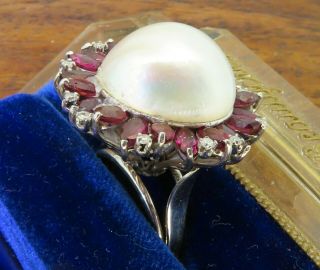 Vintage palladium ANTIQUE ART DECO 1930 ' s LARGE MABE PEARL RUBY DIAMOND ring 5