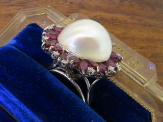 Vintage palladium ANTIQUE ART DECO 1930 ' s LARGE MABE PEARL RUBY DIAMOND ring 6