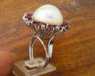Vintage palladium ANTIQUE ART DECO 1930 ' s LARGE MABE PEARL RUBY DIAMOND ring 9