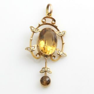 Antique Art Noveau Edwardian 9ct Gold & Citrine Seed Pearl Pendant