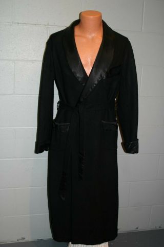 M Mens Black Wool Satin Vtg 1940s 1950s Robe Smoking Jacket Dressing Gown 40s 50