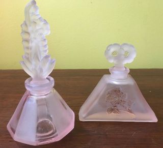 2 Vintage Pink Frosted Glass Perfume Bottle With Stoppers