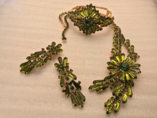 Vtg Peridot Green Navette Hook Necklace & Cuff Bracelet & Clip Earrings