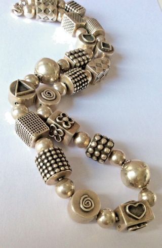 Vintage Stg Silver Necklace W Textured,  Diff Shaped Beads,  Prob 