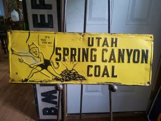 Rare 1940s Utah Spring Canyon Coal Tin Sign Devil Ghost Town Mine Miner