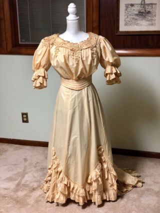 Antique Edwardian Dress Early 1900s Cream Wedding Gown W/ Lace