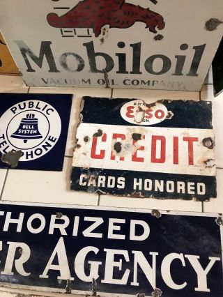Rare Vintage Porcelain 2 Sided Sign Esso Credit Cards Honored Here