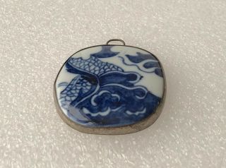 Antique Vintage Chinese Blue White Porcelain Shard Pendant