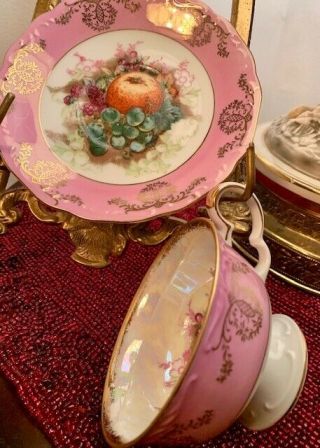 Vintage L.  M.  Royal Halsey IRIDESCENT HOT PINK & FRUIT Tea Cup and Saucer Footed 2