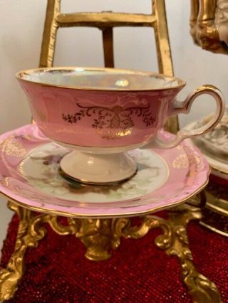 Vintage L.  M.  Royal Halsey IRIDESCENT HOT PINK & FRUIT Tea Cup and Saucer Footed 3