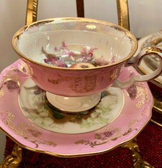 Vintage L.  M.  Royal Halsey IRIDESCENT HOT PINK & FRUIT Tea Cup and Saucer Footed 4