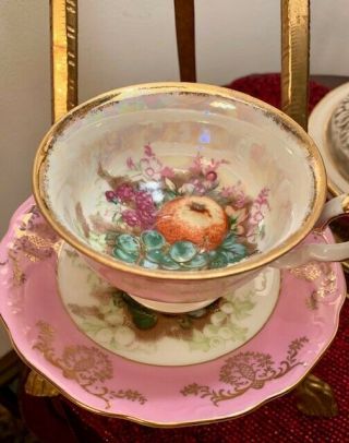 Vintage L.  M.  Royal Halsey IRIDESCENT HOT PINK & FRUIT Tea Cup and Saucer Footed 5