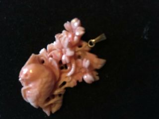 Vintage Chinese Carved 14k Bail Angel Skin Salmon Coral Bird & Flowers Pendant