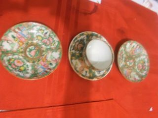 Antique Rose Medallion Cup And Saucer And 2 Saucer Plates