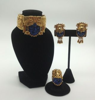 Salvador Teran Marbel Aztec Cuff Bracelet Earrings & Ring Gold Tone W/ Blue Face