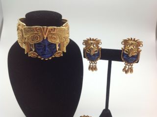 Salvador Teran Marbel Aztec Cuff Bracelet Earrings & Ring Gold Tone w/ Blue Face 2