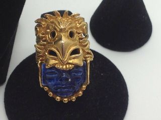 Salvador Teran Marbel Aztec Cuff Bracelet Earrings & Ring Gold Tone w/ Blue Face 3