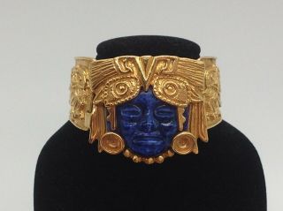 Salvador Teran Marbel Aztec Cuff Bracelet Earrings & Ring Gold Tone w/ Blue Face 4