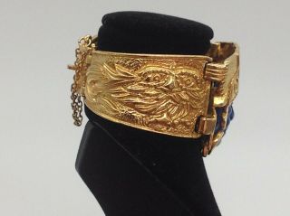 Salvador Teran Marbel Aztec Cuff Bracelet Earrings & Ring Gold Tone w/ Blue Face 6