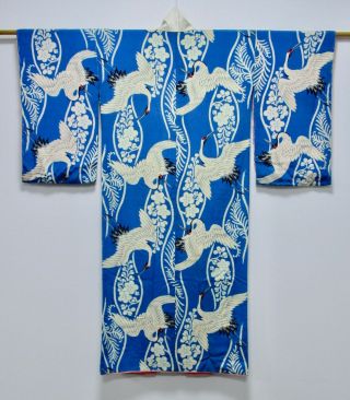 Japanese Kimono Silk Antique Juban / Crane / Blue / Vintage Silk Fabric /315