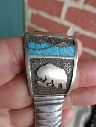 Vintage Artist Signed Native American Fishing Bear Turquoise Watch Band Tips